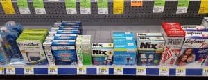 Head lice products on shelf at store
