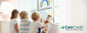 Siblings and little dog all looking out of the window with rainbow drawn on one pane