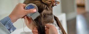 Mom using a terminator lice comb in daughters sectioned hair