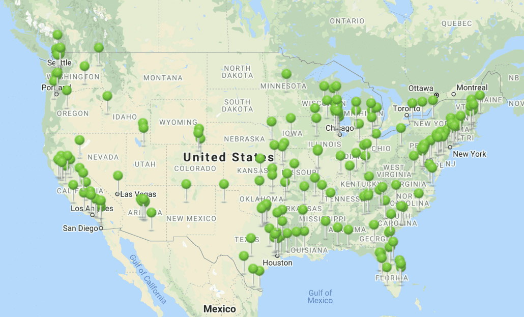 Map with pins in each location in the united states
