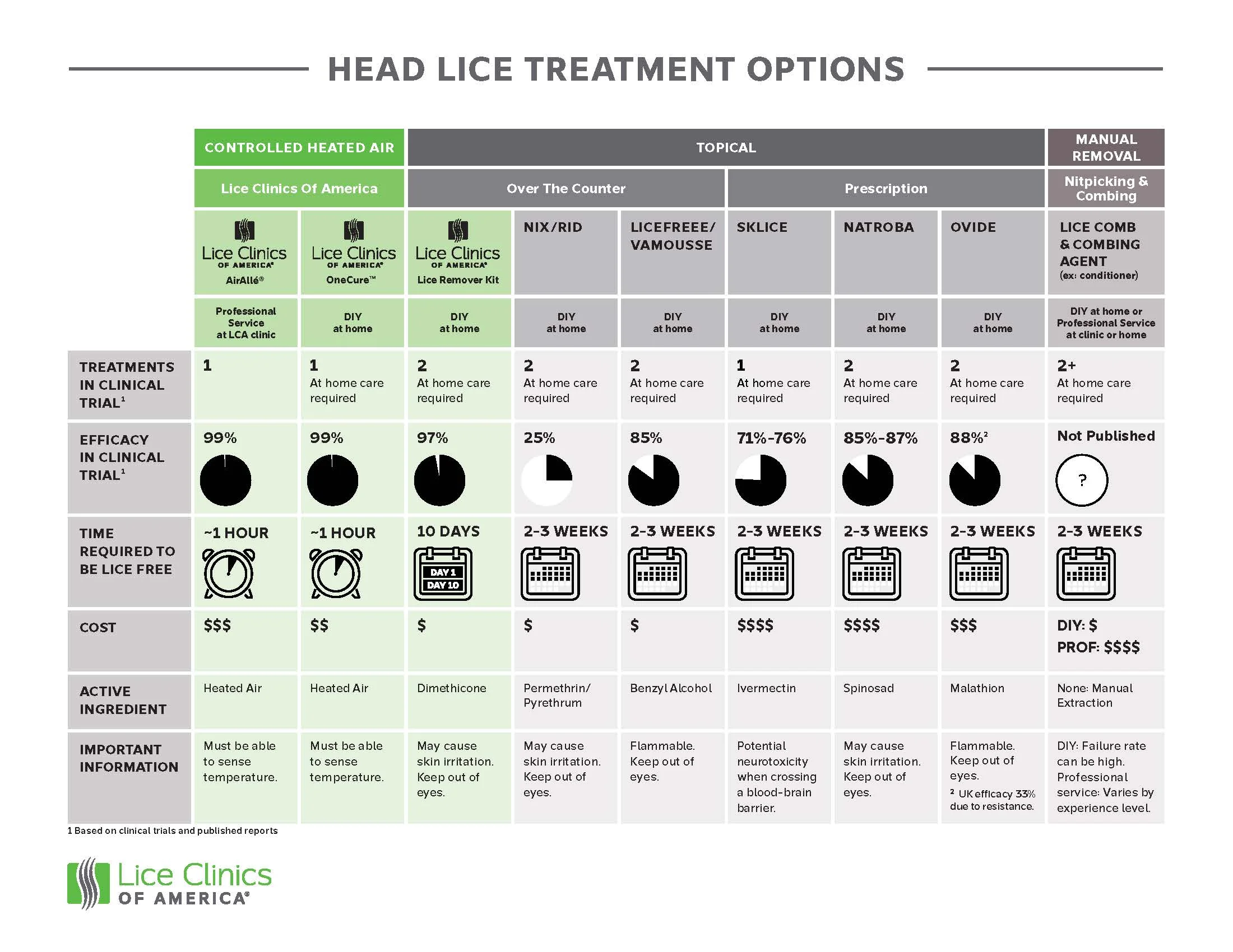 detailed chart showing head lice treatment options